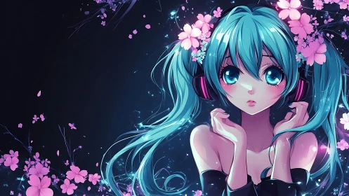 Blue haired anime girl with headphones framed by pink blossoms