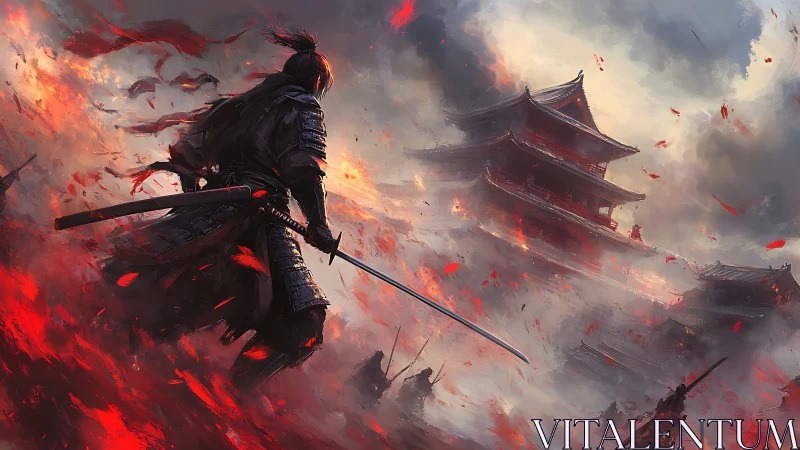 Samurai warrior advances toward burning fortress in battle