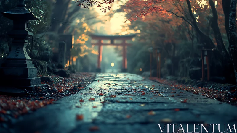 Low-angle torii pathway in mist with shallow depth of field.