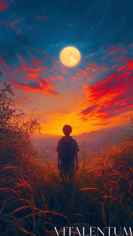 Teen watching vivid sunset and full moon horizon scene.