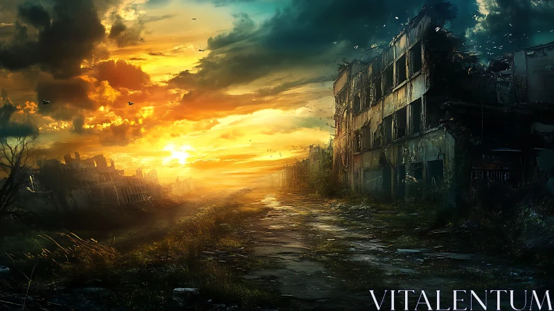 Sunset over ruined city street and collapsing buildings.