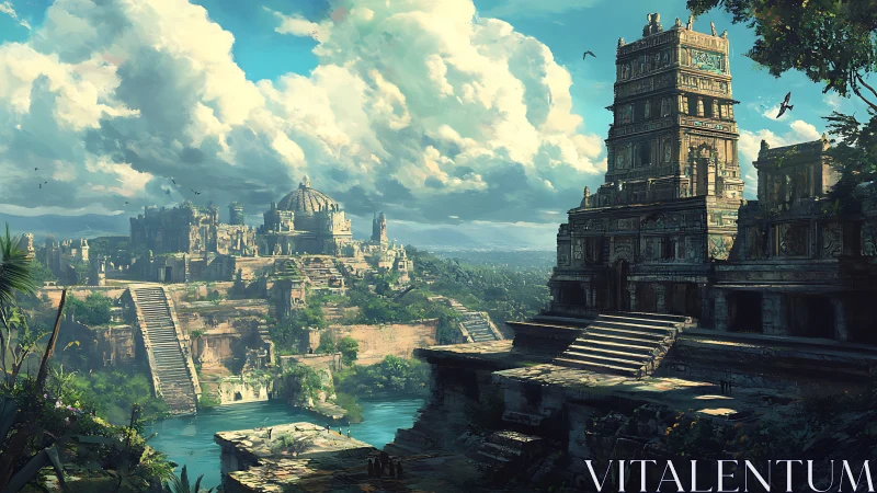 Sunlit riverside ruins of a tranquil ancient kingdom.