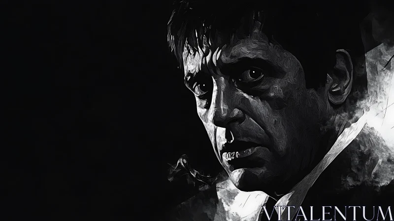 Monochrome male portrait rendered with digital brush strokes