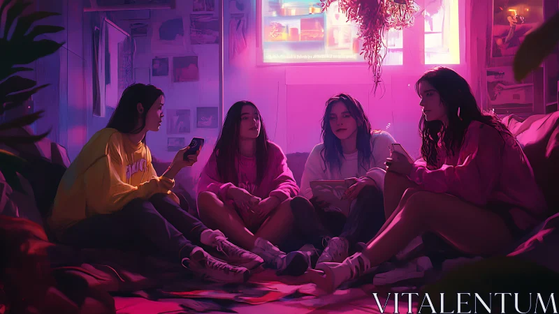 Neon sleepover glow with four girls in dreamy loft light.