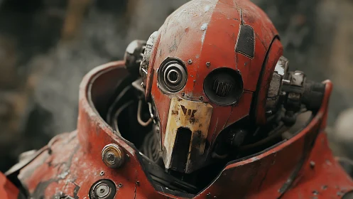 Weathered red combat automaton with industrial optic rigging.