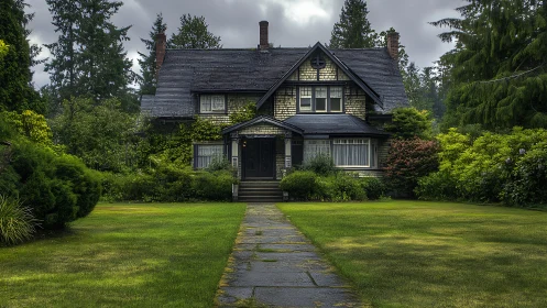 Storybook cottage broods beneath rainy forest twilight hush.