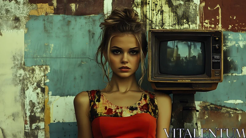 Retro glow surrounds a thoughtful woman beside old TV