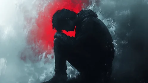 Solitary figure in shadows contemplates pain in red haze