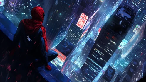 Spider hero silhouette surveys neon cityscape at oblique angle