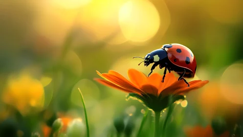 Ladybug on orange flower in warm sunset light.