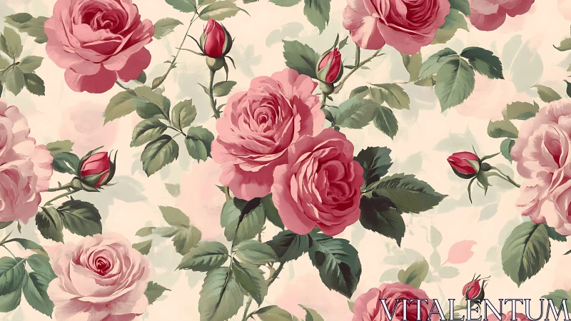 Botanical surface pattern of layered pink heritage roses.