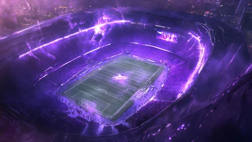 Futuristic purple-lit mega stadium in cinematic digital painting.