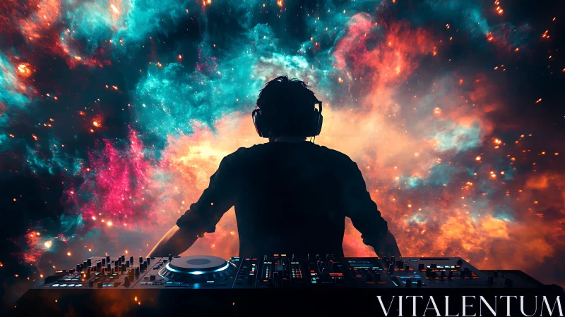 DJ lost in cosmic colors, mixing beats among the stars.