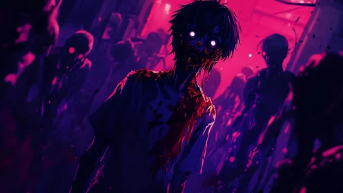 Glowing-eyed zombie youth stalks neon corridor of undead