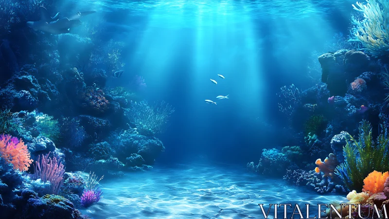 Sunlit coral kingdom where quiet fish drift through sapphire hush.