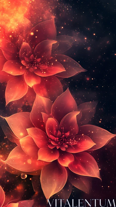 Digital rendering depicts layered red flowers against dark field
