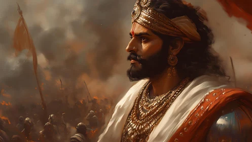 Regal warrior king in armor leading army through smoke.