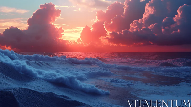 Sunlit clouds and rolling waves in a dreamy pastel seascape.