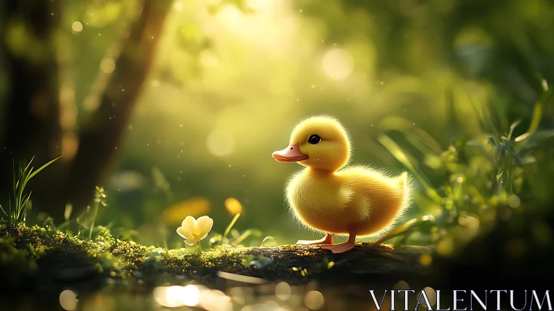 Backlit duckling rendered in soft-focus woodland bokeh lighting