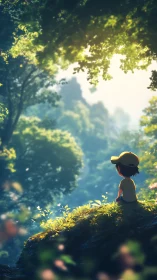 Child sitting on forest ledge under soft morning light.