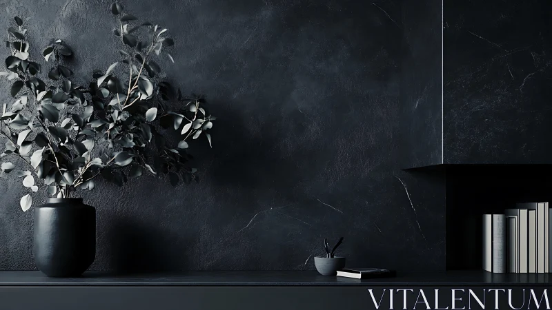 Dark matte shelf holds plant, bowl, book, and vertical books