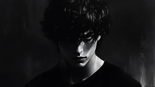 High-contrast monochrome portrait isolates a brooding male figure