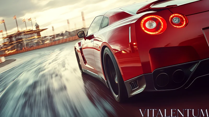 Red sports car chasing sunset on a slick city racetrack.