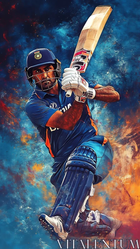 Dynamic cricket batter poised mid-swing in vivid colors.