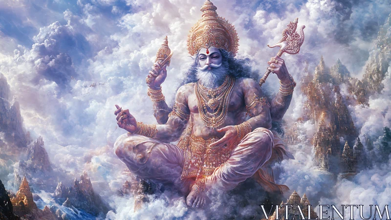 Majestic sky deity rests calmly among glowing cloud temples