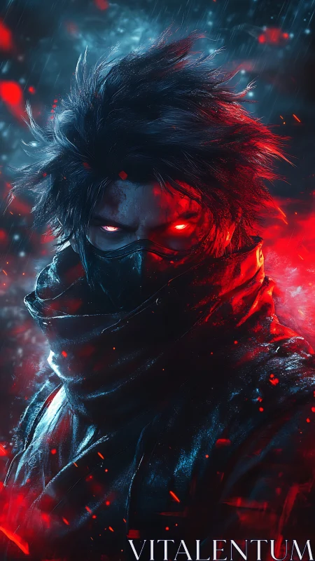 Masked cybernetic ronin portrait in red blue neon atmosphere