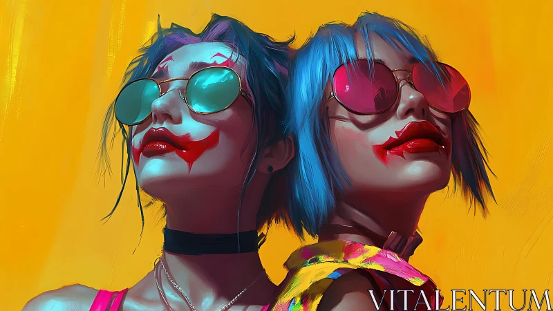 Dual-portrait neon joker aesthetic with saturated chromatic contrast