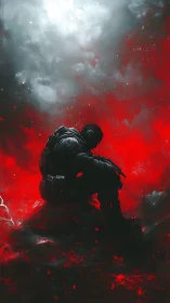 Solitary armored soldier rests amid a storm of red and ash