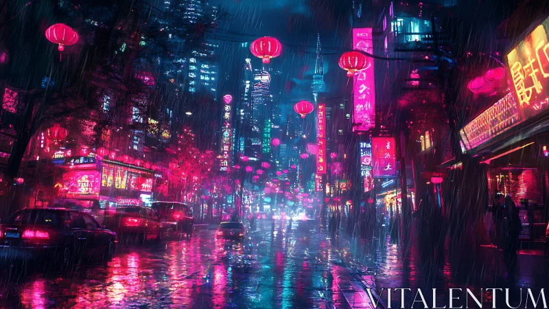 Neon-saturated cyberpunk avenue under dynamic monsoon rainfall.