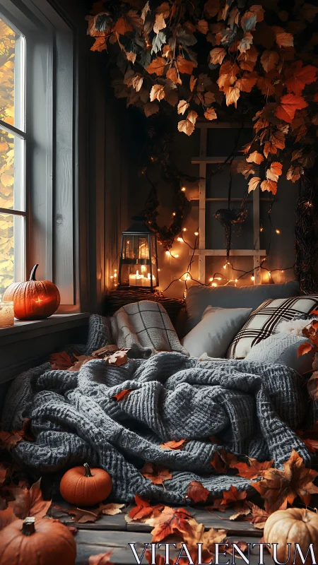 Autumnal window nook rendered in warm cinematic digital lighting