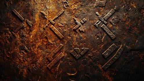 Engraved metallic symbols on textured rusted surface.