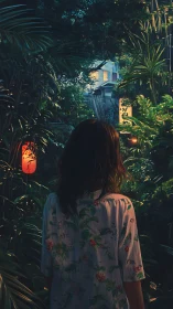 Woman in floral shirt facing lantern-lit jungle house.