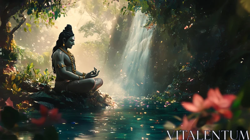 Meditating deity beside waterfall in lush forest glade.