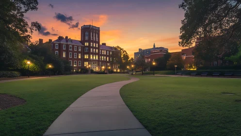Twilight walkway curving toward illuminated campus hall.