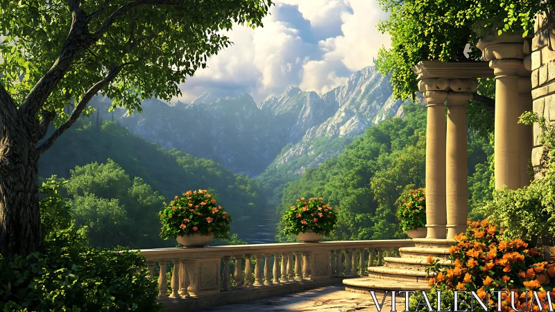 Sunlit terrace opens onto lush mountains and tranquil valley.