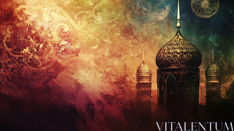 Ornate domed towers emerge from swirling chromatic nebula haze