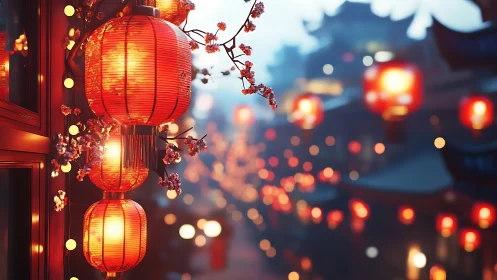 Lantern blossoms spill warm light into a drifting festival night