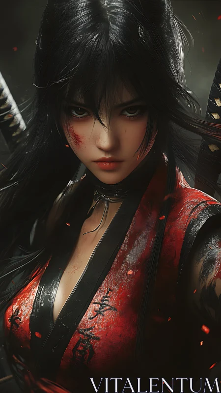 Cinematic close-up of scarred katana warrior in red armor