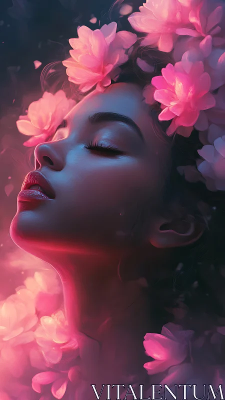 Side profile portrait with glowing pink flowers around face.