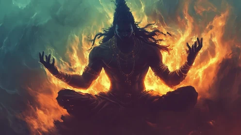 Fiery meditative deity seated in intense glowing flames.