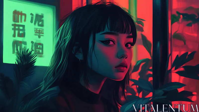 Neon city girl resting quietly in glowing night garden.