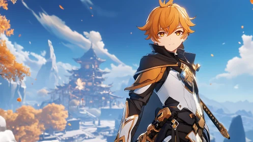 Orange haired anime warrior in bright mountain landscape.