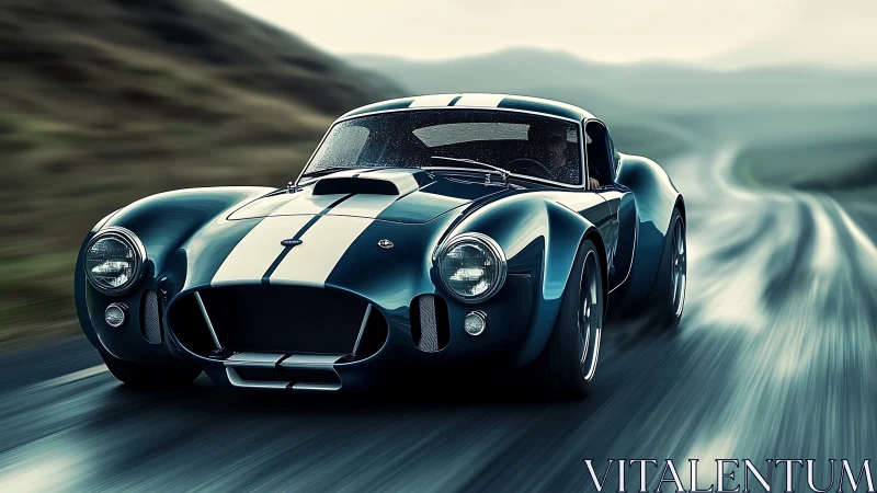 Blue classic sports car racing along blurred country road.