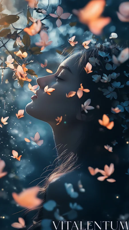 Woman in profile among softly glowing butterflies at dusk.