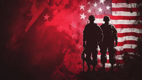 Silhouetted soldiers stand against distressed American flag backdrop