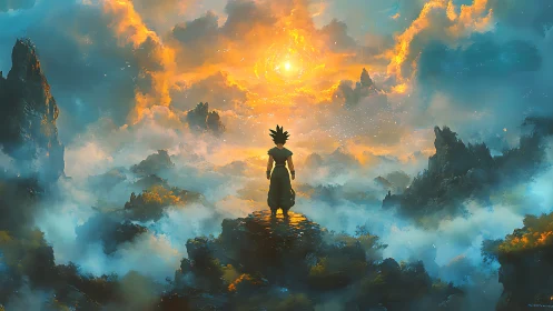 Lone skyward warrior greets a blazing newborn sun of clouds.